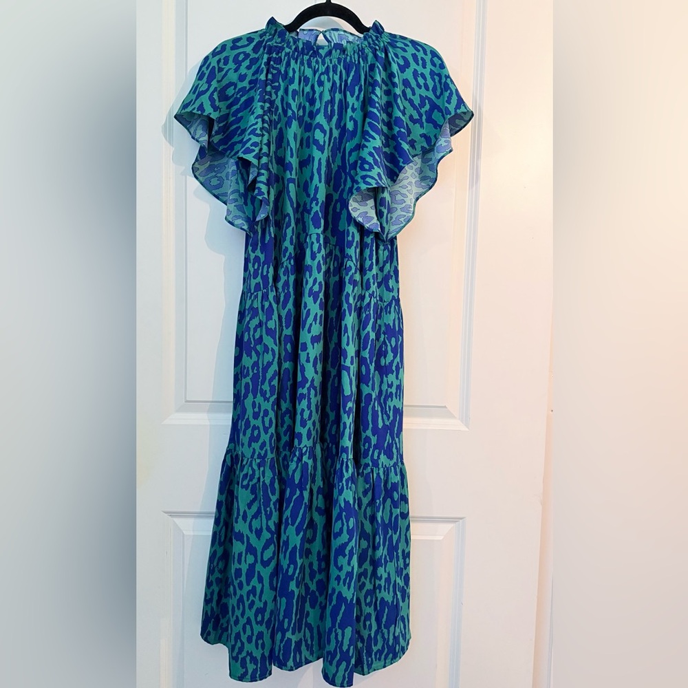 Blue / Green Print Smocked Frilled Shoulder Tiered Layer Dress - size medium